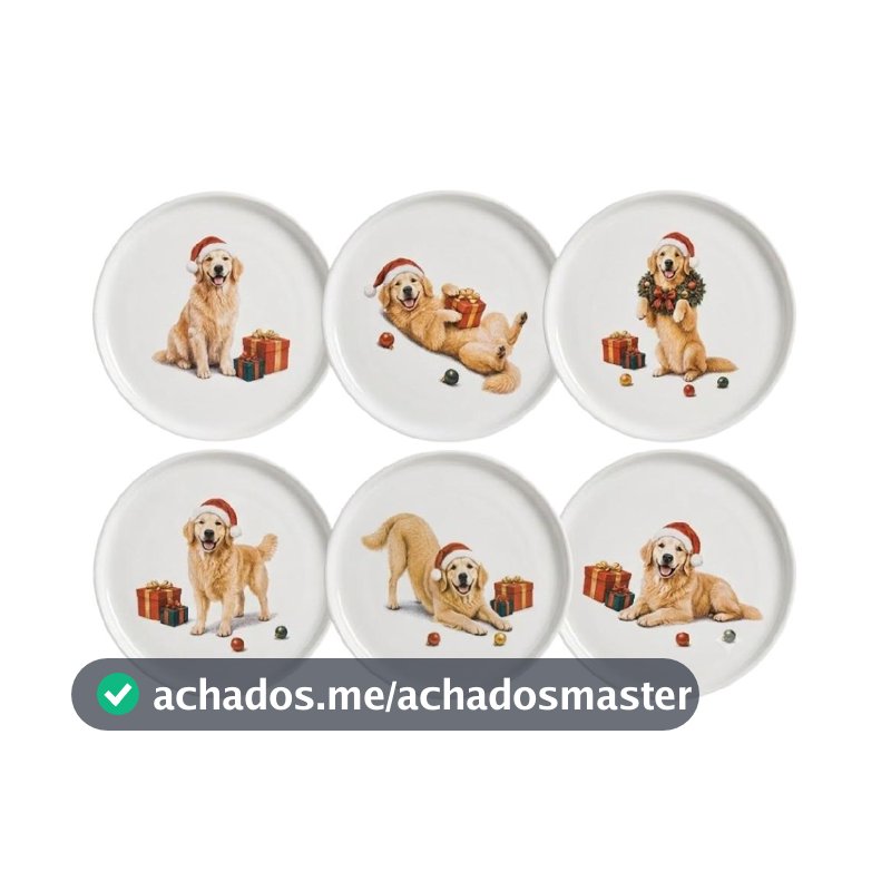 Jogo 6 Pratos Sobremesa Natal Golden Retriever 21,5cm A Mesa Posta Linda Para Mães De Pet