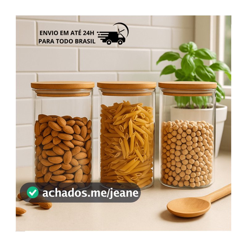 Kit 3 Potes de Vidro 800ml Tampa de Bambu Hermetico Premium Redondo Mantimentos Tempero Alimentos