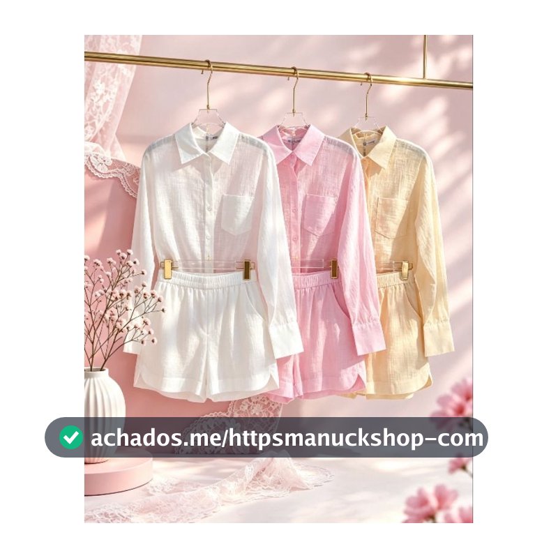 Conjunto em linho importado camisa e short com forrado casaul elegante para seu looks coreção novo em verão