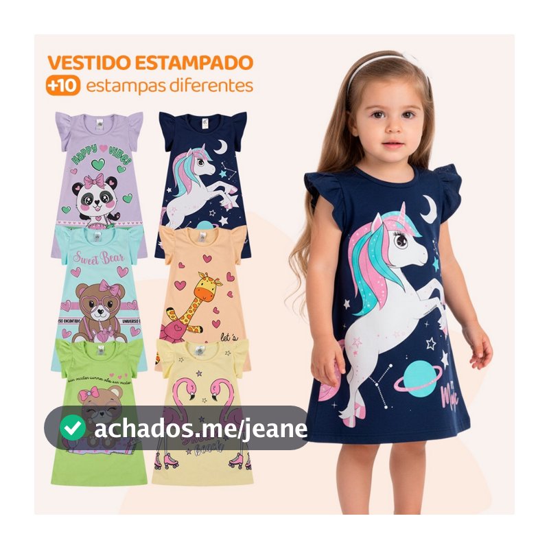 Kit 4 Vestido Bebe Menina Verão Estampados 100% Algodão com Mangas Franzidas - Kit Sortido Tamanhos 1 ao 10