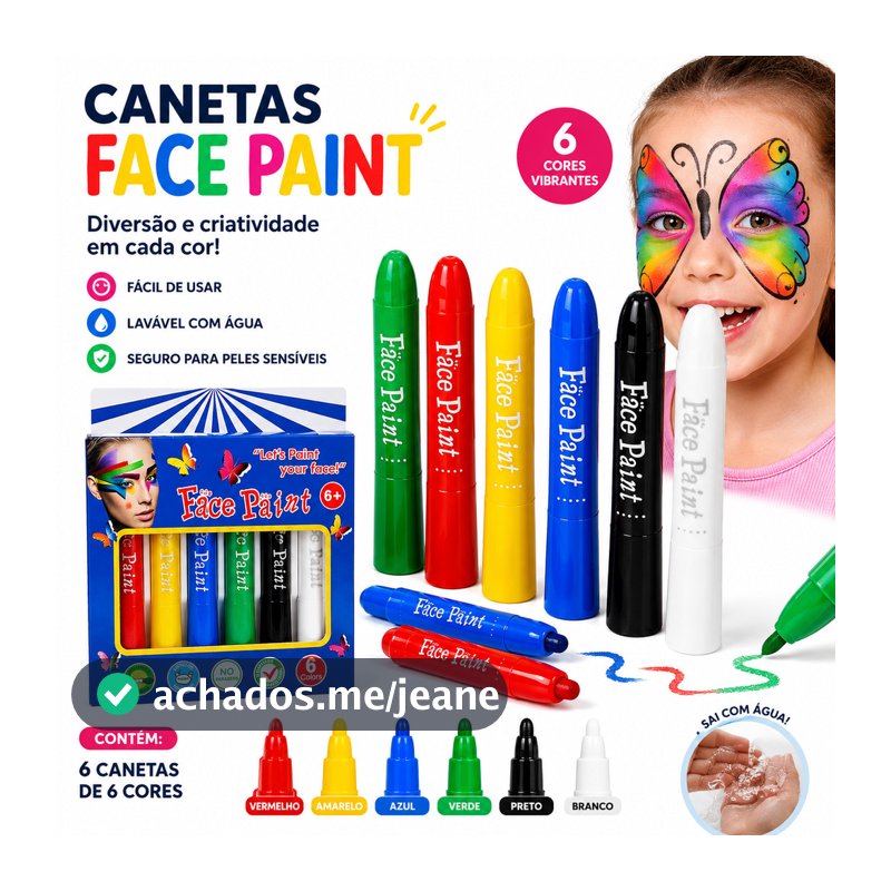 Kit Pintura Facial Infantil 6 Cores Lavável para Rosto Festa