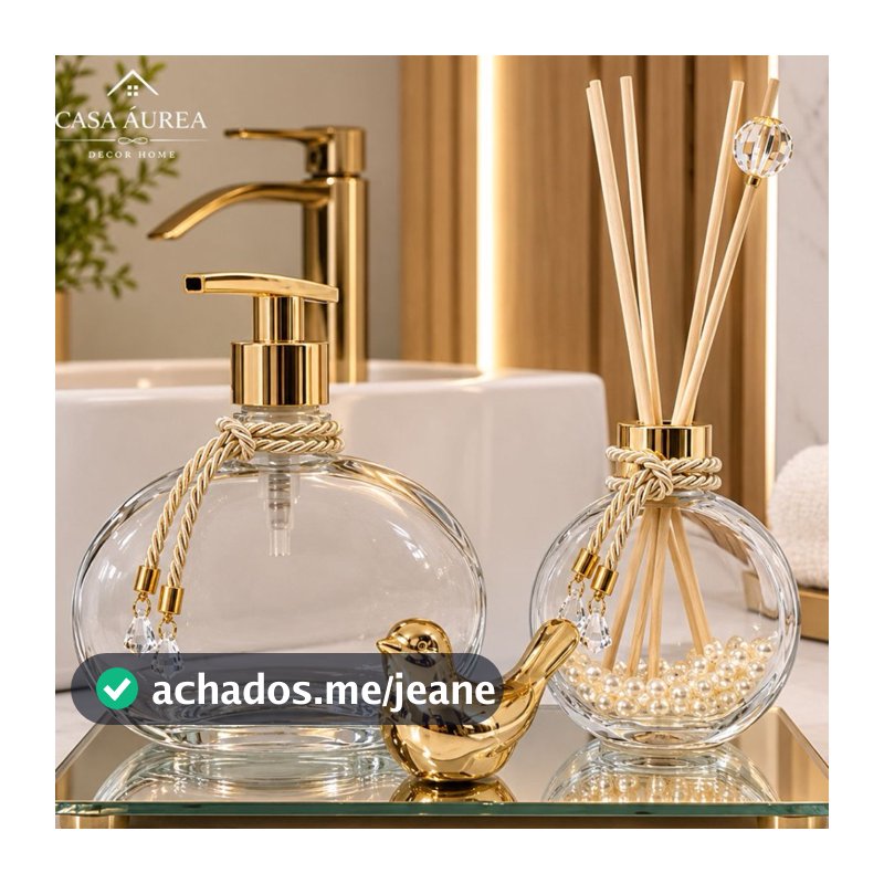 kit Aromatizador Vidros Luxo - Difusor Varetas e Porta Sabonete Lavabo e Decoração de Casa-Bandeja e Passarinho Dourado.