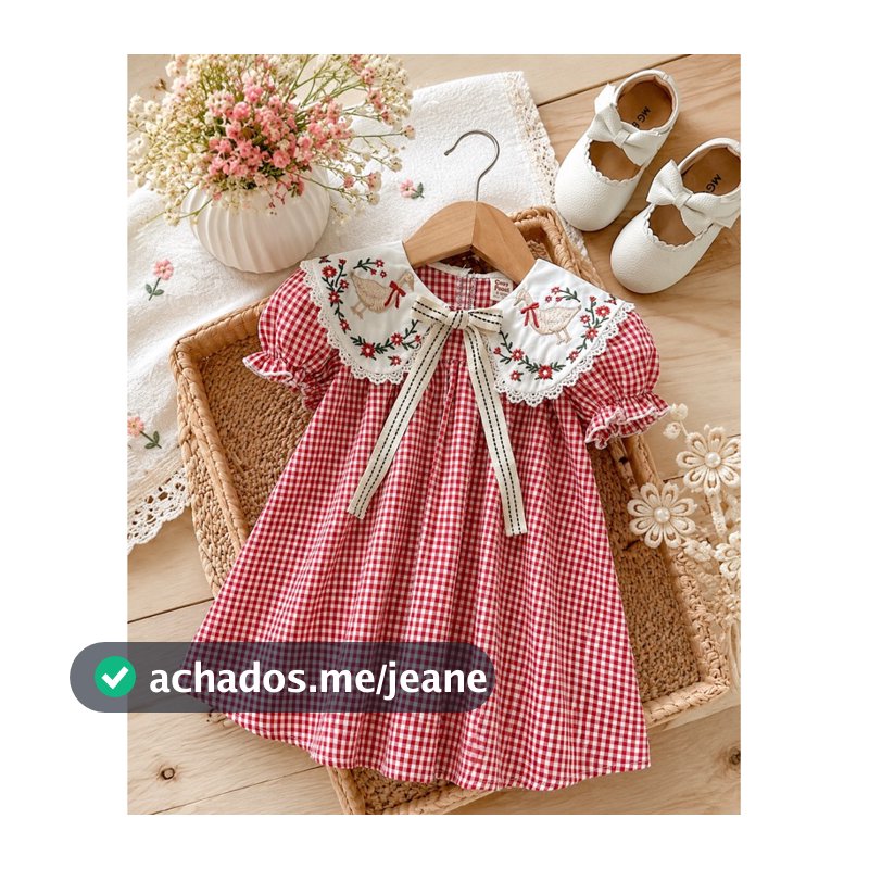 Vestido Infantil Menina Xadrez Vermelho com Gola Bordada e Laço – Manga Bufante
