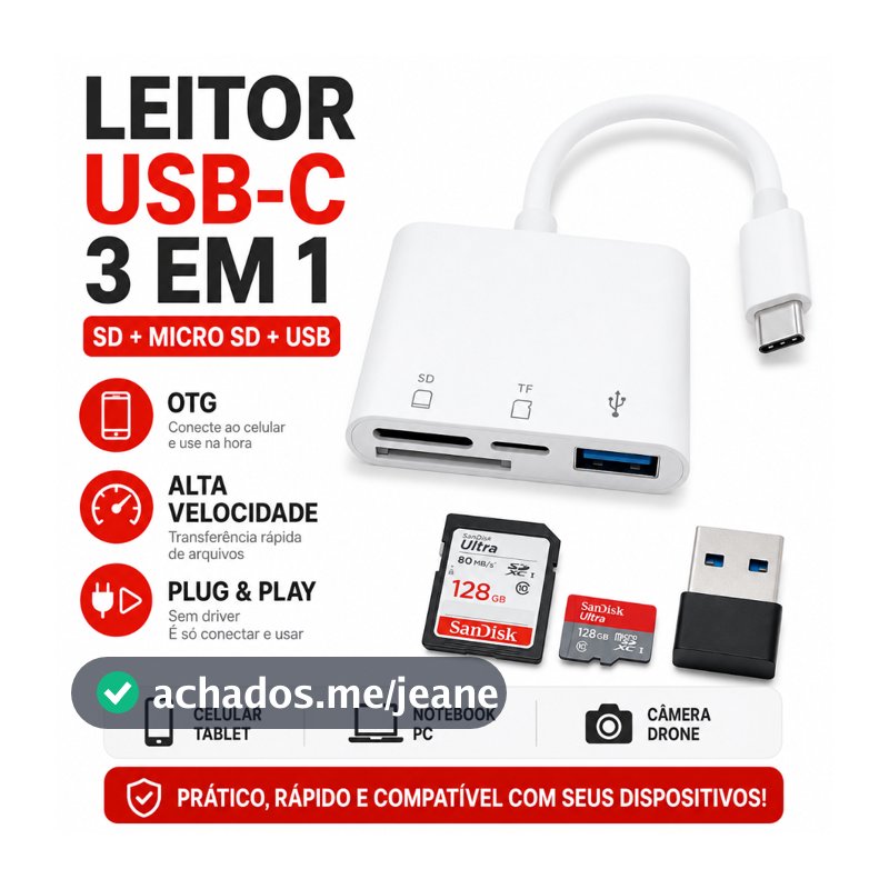 Leitor Cartão USB C 3 Em 1 OTG SD Micro SD Adaptador Para Celular Notebook Câmera