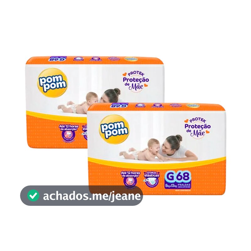 Kit 2 Fralda Descartável Pom Pom Protek Hiper G - 68 Unidades