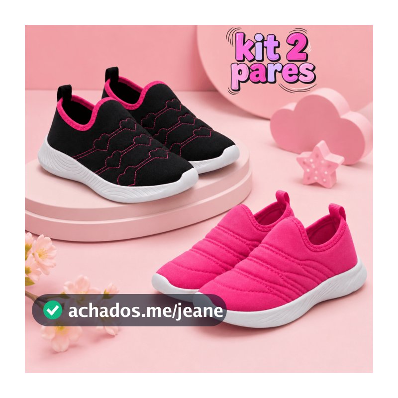 Kit 2 Pares Tênis Infantil Menina Calce Fácil Feminino Casual Macio e Confortável