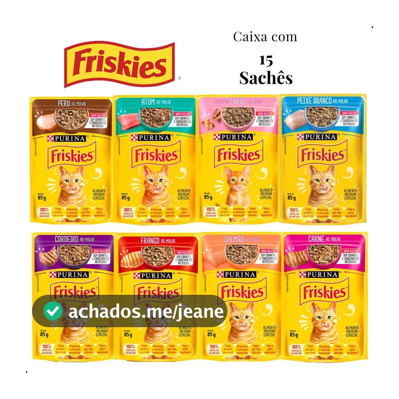 Kit 15 unid Sachê Friskies Alimento Úmido Gatos Carne Frango Atum Peixe Branco Cordeiro Salmão Peru