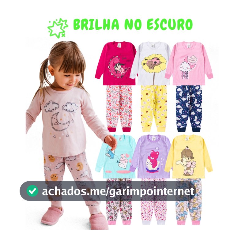 Kit 4 Peças Pijama Sortido Brilha no Escuro Infantil Menina Inverno Roupa Infantil Feminina