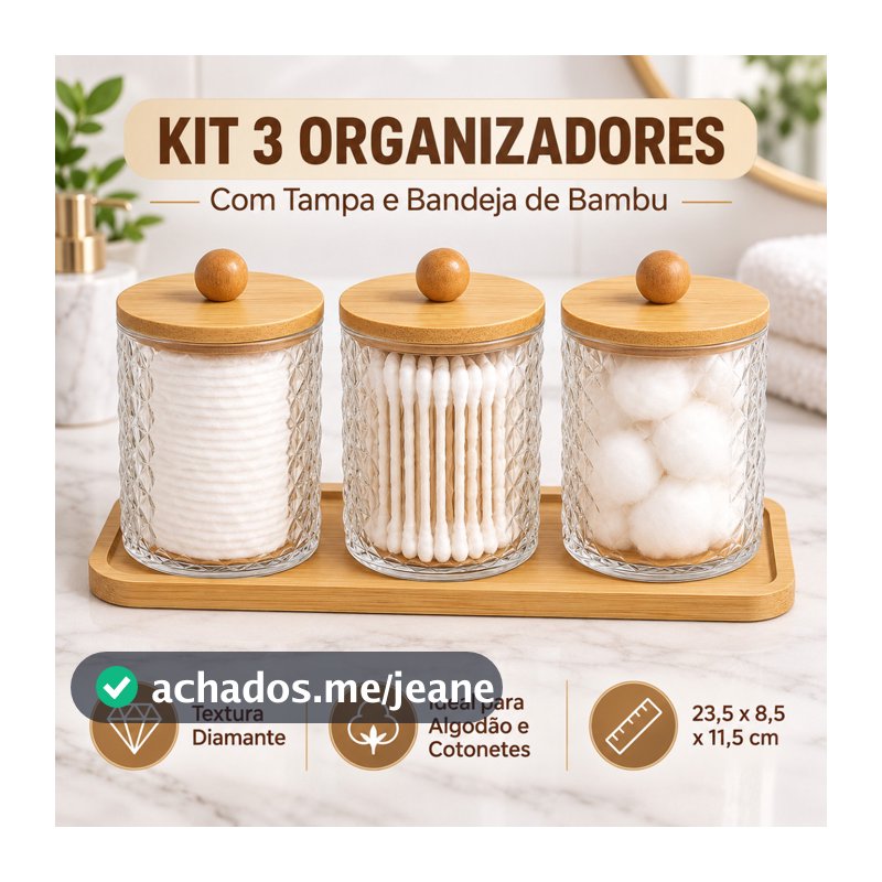 Kit Organizador Acrílico Multiuso 3 Potes Tampa e Bandeja De Bambu Lavabo Banheiro Algodão Cotonete Maquiagem Cosméticos