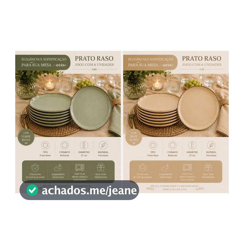JOGO Prato Raso Moderno – 100% Porcelana – 27 cm - 6 UNIDADES