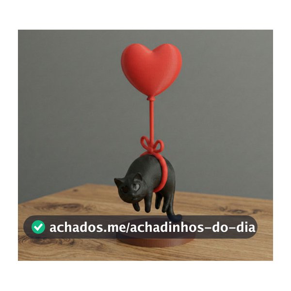 Estatueta Gato Flutuante Com Balão De Coração Decorativo Preto