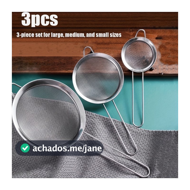 Kit 3 Peças Peneira Coador Em Aço Inox Para Cozinha - 3 Tamanhos P M G 8/10/12 cm