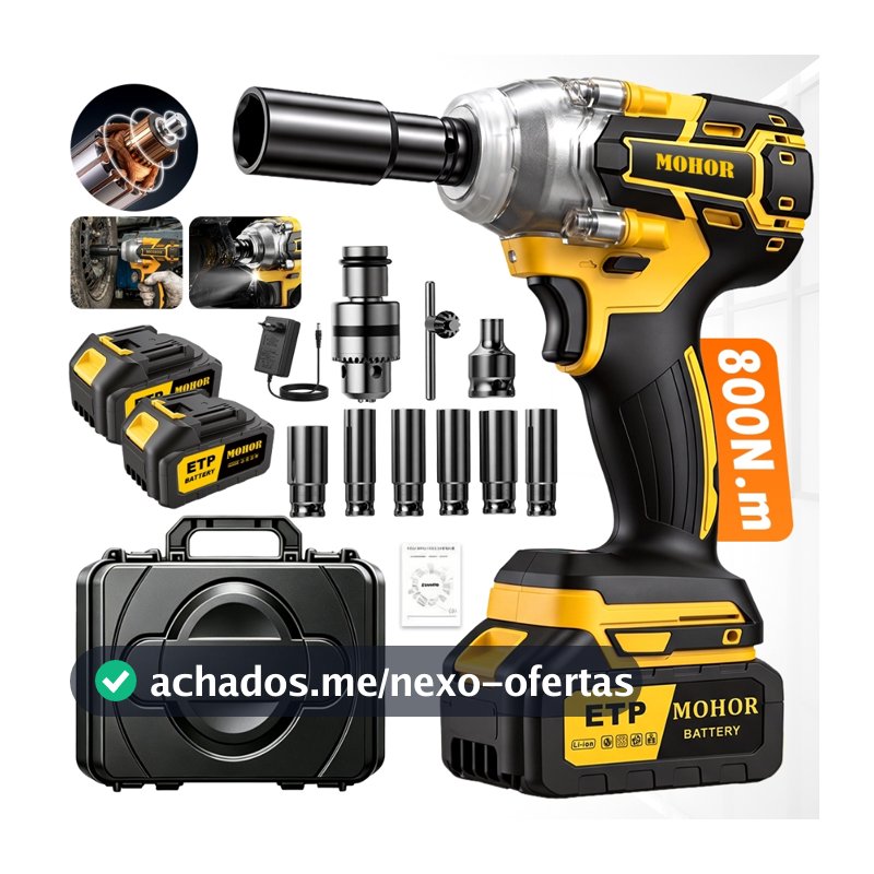 Chave de Impacto a Bateria 800Nm Motor Forte sem Fio com 2 Baterias e Carregador para Rodas Automotivas