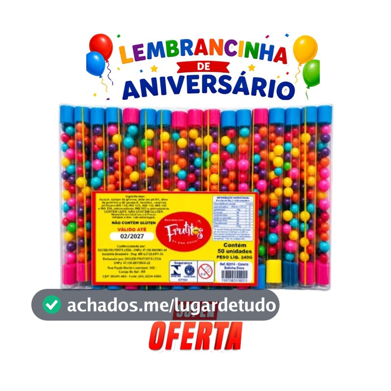 50 frutitos Tubinhos Balinha doce crocantes Coloridas Lembrancinhas aniversário  kits festa Infantil