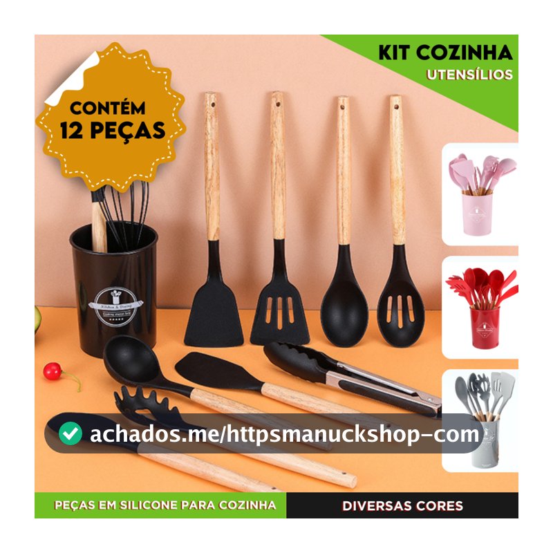 Kit Utensílios de Cozinha Com 4 5 ou 12 Peças em Silicone com Cabo de Madeira Completo  - NL