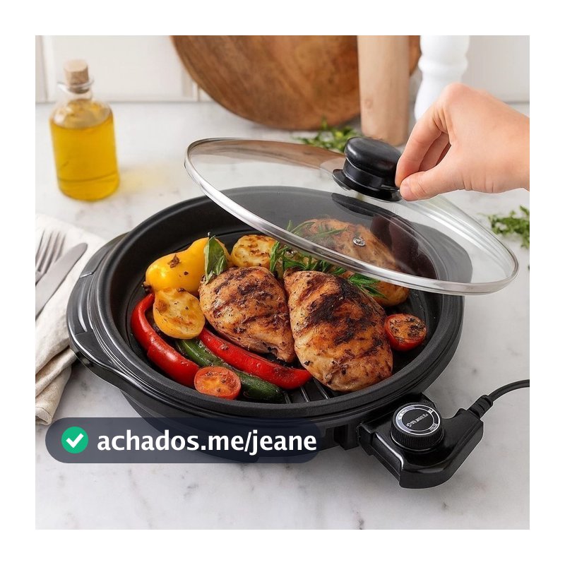 Grill Elétrico Redondo Antiaderente Churrasqueira com Termostato Grelhada Assar Carne Legumes Assadeira Eletro Saudável