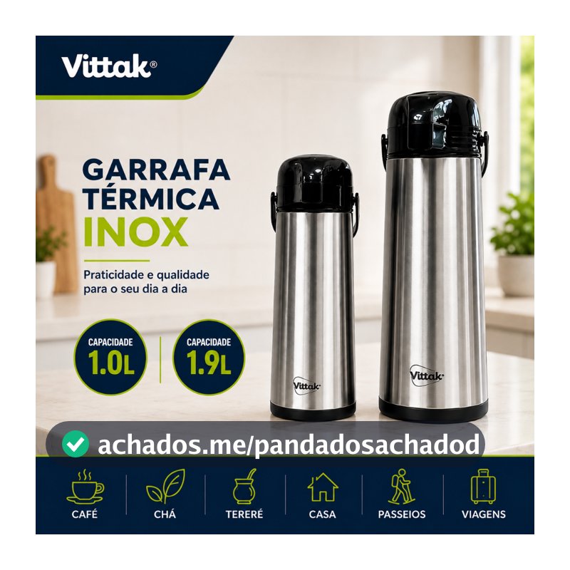 Vittak Garrafa Térmica Café 1L e 1,9L Inox De Pressão Apertar Hotel Pousada Bebidas Quentes Frias Chá Leite Suco