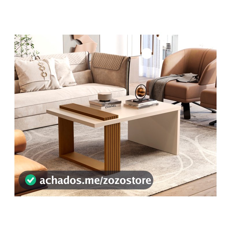 Mesa de Centro Retangular para Sala com Pés Ripados Apoio Lateral Decoração Moderna