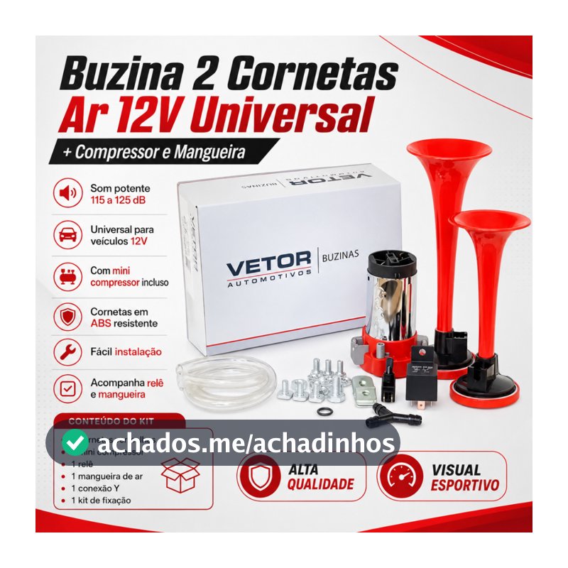 Buzina 2 Cornetas Ar 12v Universal + Compressor E Mangueira Carros Motos Caminhões Lanchas VT042