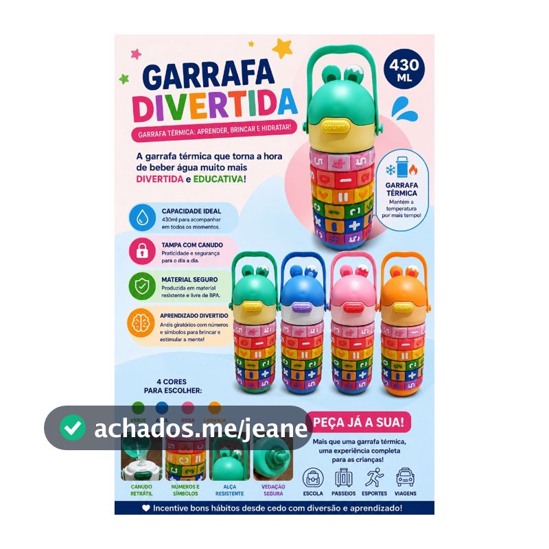Garrafa Térmica Infantil 430ml com Canudo e Números Educativos | Alça | 4 Cores