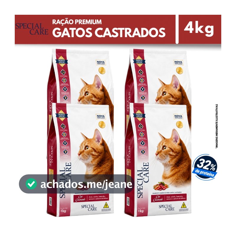 4x Ração Premium Gato Castrado Special Care Cat 1kg Atum e Salmão 32% Proteína Atacado
