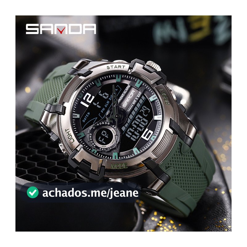 SANDA Relógio Esportivo Masculino Relógio à Prova D'água Exército Verde Analógico Militar Moda LED Digital Multifuncional Relógio Masculino