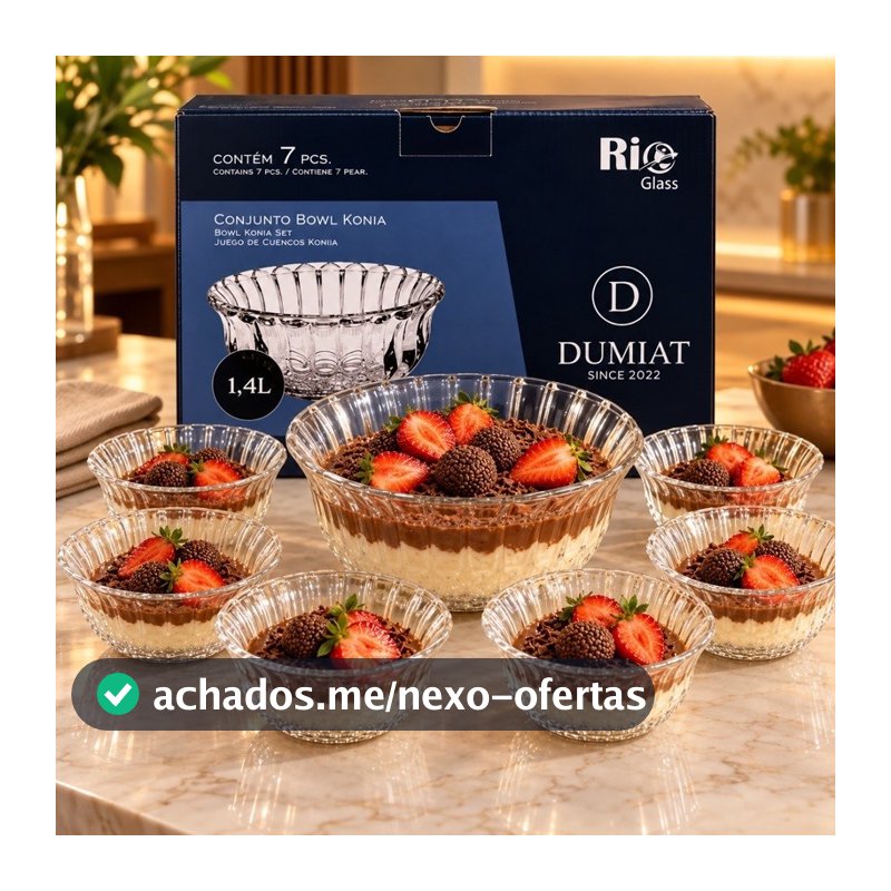 Jogo De Sobremesa Vidro 7 Peças Bowl Tigela Saladeira 1,4L Com 6 Taças Konia