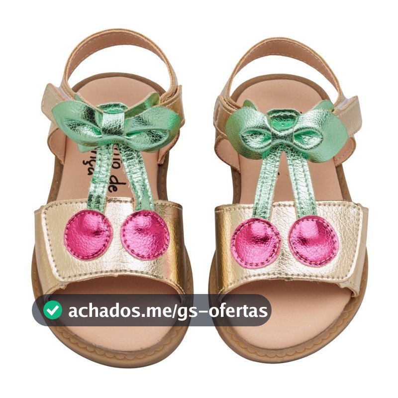 Sandália Infantil Menina Cereja Laço Metalizado Pink Dourada verão lançamento