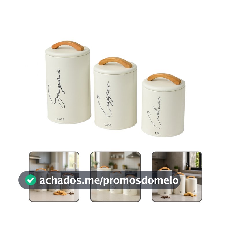 Kit 3 Potes Herméticos Mantimentos Lata Com Tampa E Alça Em Bambu Açúcar Café E Cookies