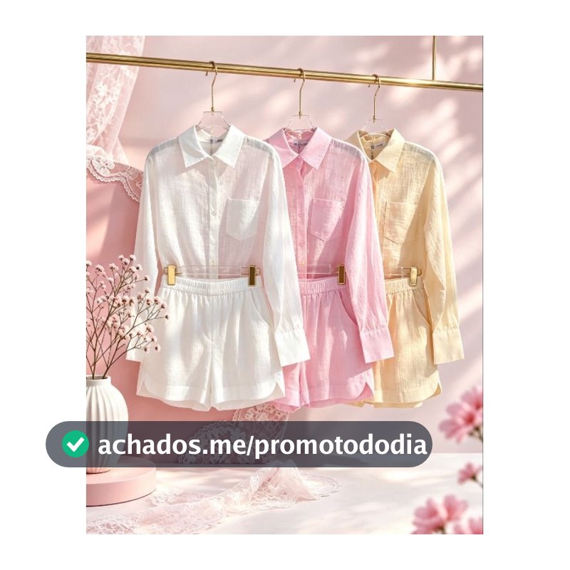 Conjunto em linho importado camisa e short com forrado casaul elegante para seu looks coreção novo em verão
