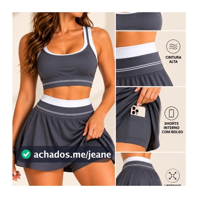 Conjunto Fitness Feminino Poliamida Premium Top e Saia com Shorts Interno e Bolso Academia Treino