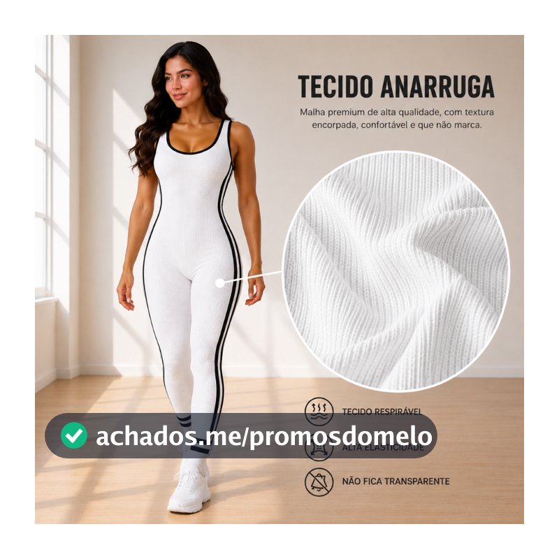 Macacão Feminino Longo Fitness Esportivo Canelado Anarruga com Listra