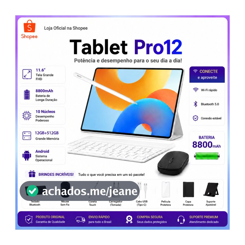 Tablet Pro 12 Combo com Teclado e Mouse -11.6"inch 12GB+512GB Android 15 com 8800mAh Ideal para Estudos e Jogos