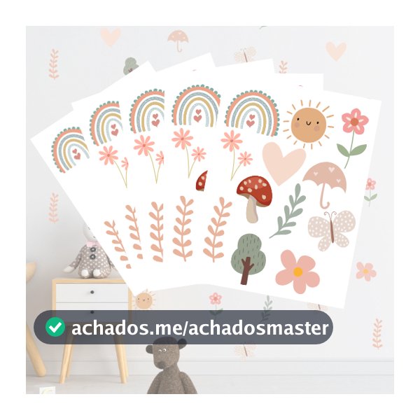 Adesivos de Parede Infantil Boho: Sol, Arco-Íris, Flores, Borboletas, Cogumelo, Coração, Árvores
