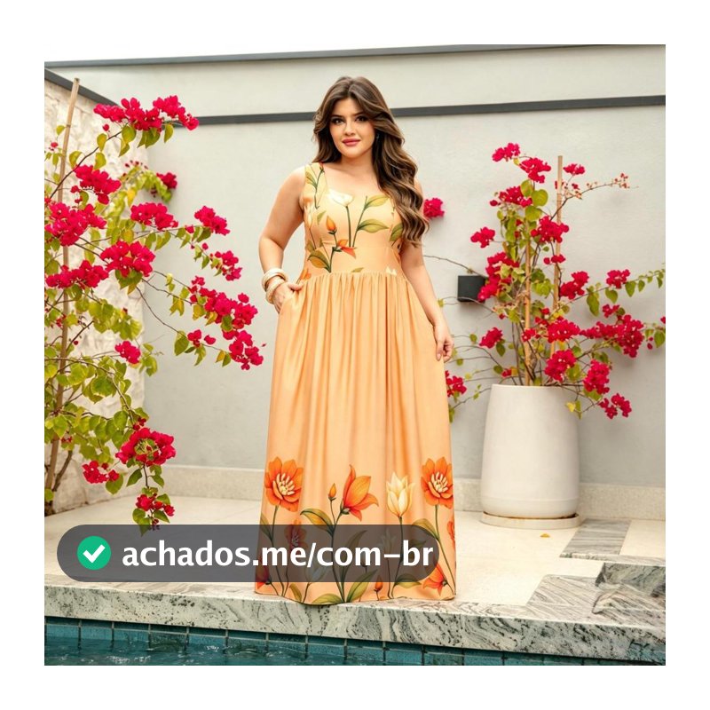 Vestido Longo Feminino com Alça Estampa Florale Forro em Tecido Viscosarja