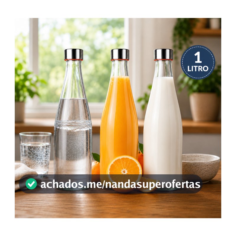 Garrafa de Vidro 1Litro Tampa Inox Para Água Suco Leite Geladeira Jarra Fechamento Hermético