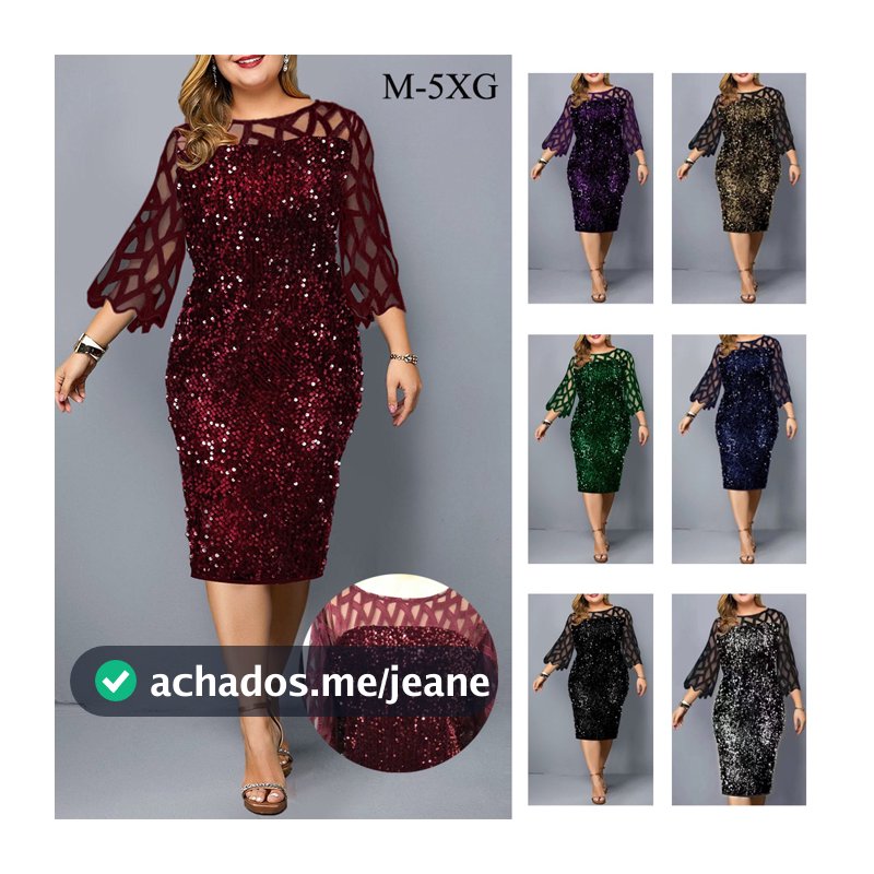 Plus size vestido midi feminina malha mangas transparentes lantejoulas glitter bodycon festa /clube /noite /social M-5XG
