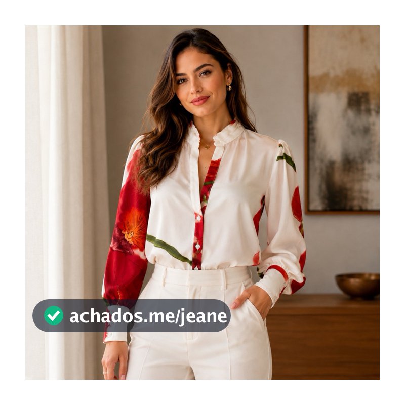 CAMISA FEMININA ESTAMPADA MANGA LONGA COM PUNHO VISTA COM BOTÕES E GOLA