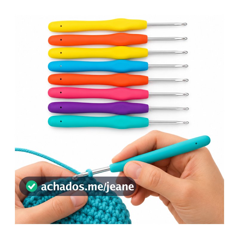 Kit 8 Agulhas de Crochê Profissional Cabo Soft Ergonômico Ponta de Alumínio para Barbante Fios Artesanato