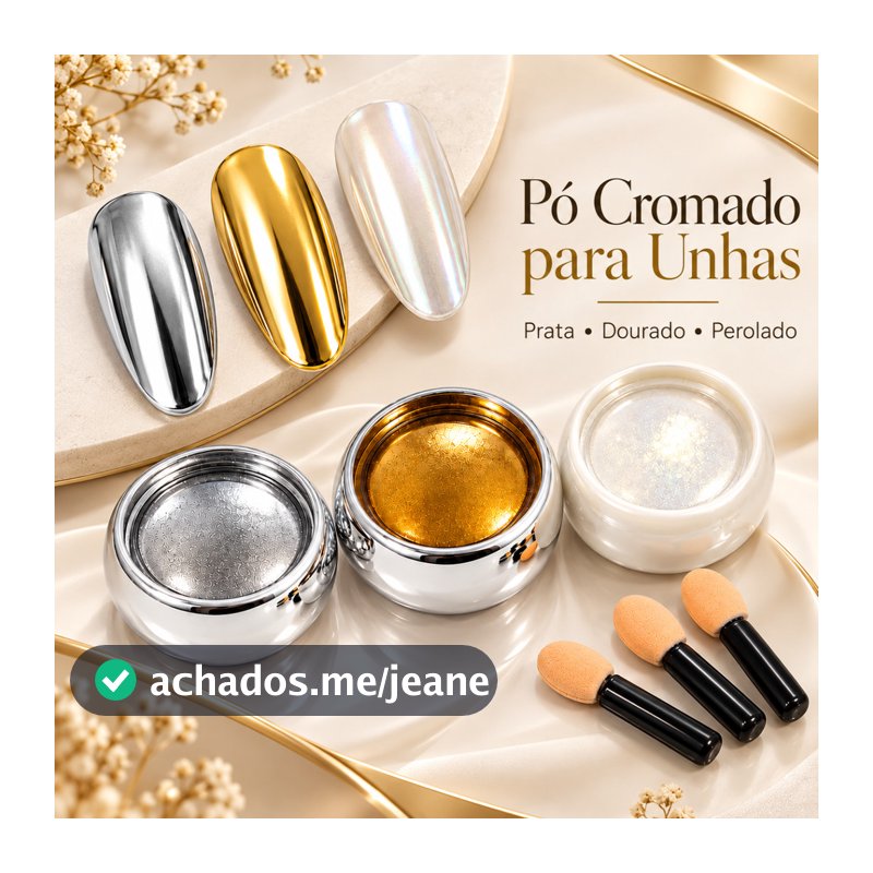 Kit 3 Pó Espelhado Cromado para Unhas Nail Art Efeito Metálico Gel Manicure