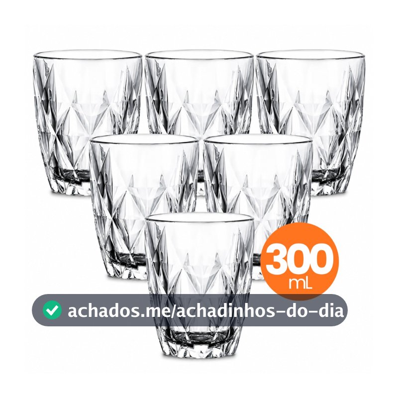 Jogo 6 Copo Vidro Diamond 300ml Conjunto Mesa Posta Água Suco Cozinha Decoração Presente
