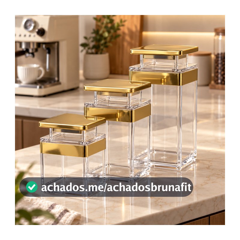 Pote Hermético Acrílico Premium com Tampa Dourada Organizador para Cozinha P M G