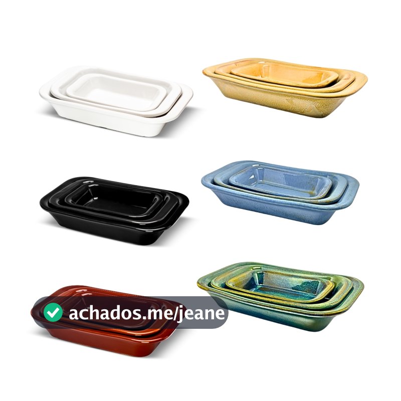Conjunto 3 un Travessa Refratária Cerâmica Retangular Assadeira Servir Multiuso Forno e Micro-ondas