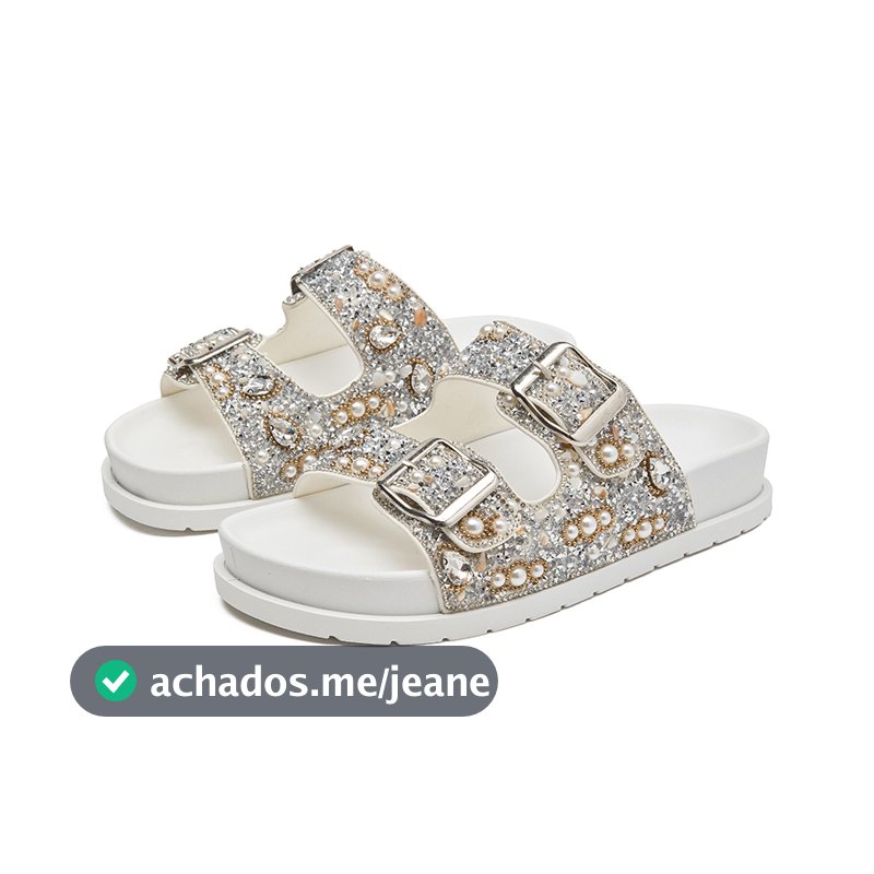 Sandália Birken Papete Feminina Luxo Strass e Pérolas com Duas Fivelas Ajustáveis Conforto Meijile