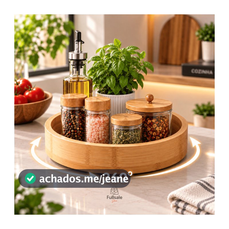 Bandeja Giratória 360° Organizadora de Cozinha em Bambu para Temperos Potes Condimentos Porta Tempero Organizador