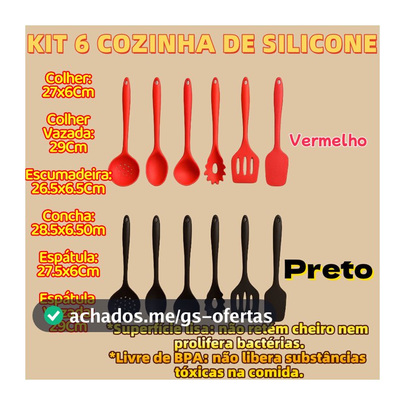 Kit 6 Peças De Silicone Concha Espátula Escumadeira Colher Vazada Preto Ou Vermelho Para Cozinha