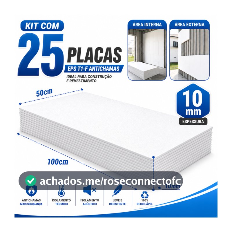 Kit 25 Placas Isopor EPS T1-F 10mm 100x50 Antichamas Construção Decoração Revestimento