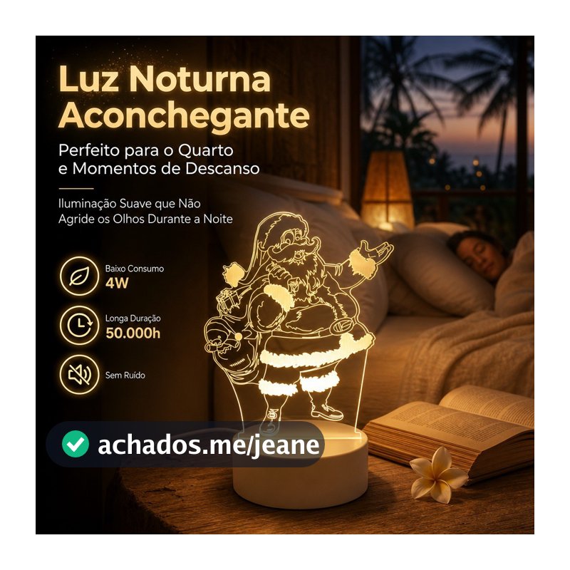 Luminária Abajur Led 3d Acrílico Papai Noel Natal Bivolt