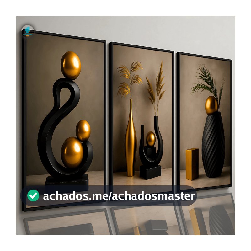 Quadros Decorativos Trio Abstrato Geométrico Moderno Escultura Dourada Luxo 80x60 Sala