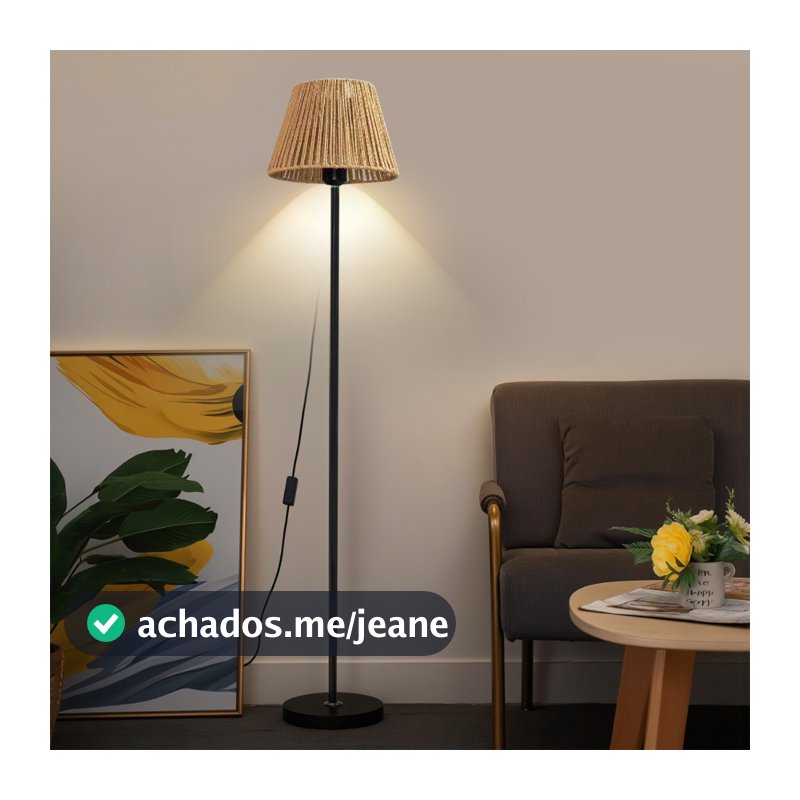 Luminária Chão Abajur Piso Rústico Rattan Palha Sala Quarto C/ Lâmpada LED Dimmer